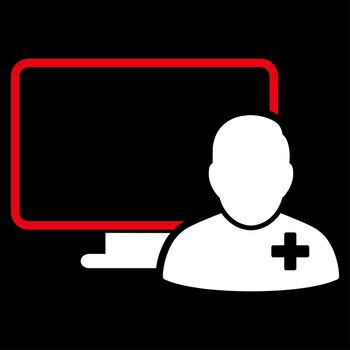 Online Doctor raster icon. Style is bicolor flat symbol, red and white colors, rounded angles, black background.