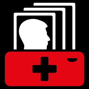 Patient Catalog raster icon. Style is bicolor flat symbol, red and white colors, rounded angles, black background.
