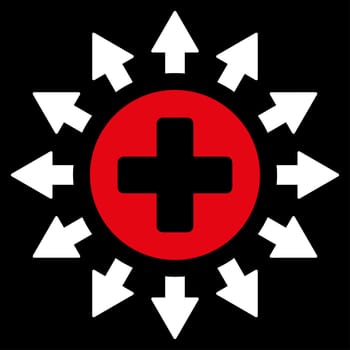 Pharmacy Distribution raster icon. Style is bicolor flat symbol, red and white colors, rounded angles, black background.