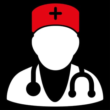 Physician raster icon. Style is bicolor flat symbol, red and white colors, rounded angles, black background.
