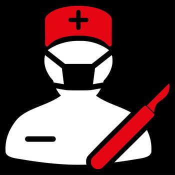 Surgeon raster icon. Style is bicolor flat symbol, red and white colors, rounded angles, black background.