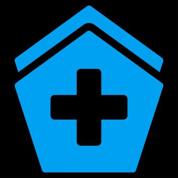 Clinic Building raster icon. Style is flat symbol, blue color, rounded angles, black background.