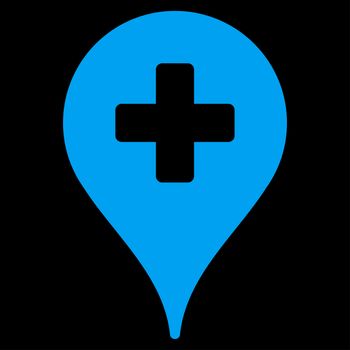Clinic Map Pointer raster icon. Style is flat symbol, blue color, rounded angles, black background.