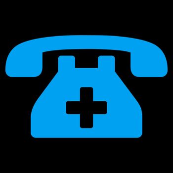 Clinic Phone raster icon. Style is flat symbol, blue color, rounded angles, black background.