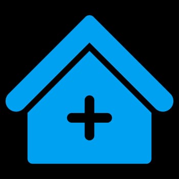 Clinic raster icon. Style is flat symbol, blue color, rounded angles, black background.