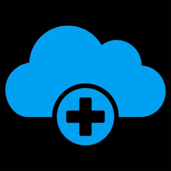 Cloud Medicine raster icon. Style is flat symbol, blue color, rounded angles, black background.