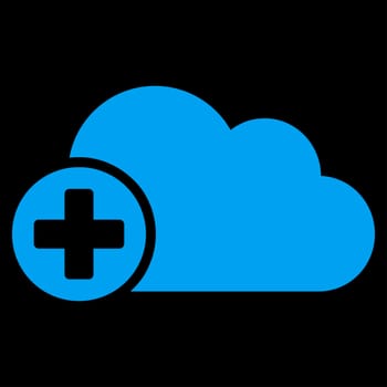 Create Cloud raster icon. Style is flat symbol, blue color, rounded angles, black background.