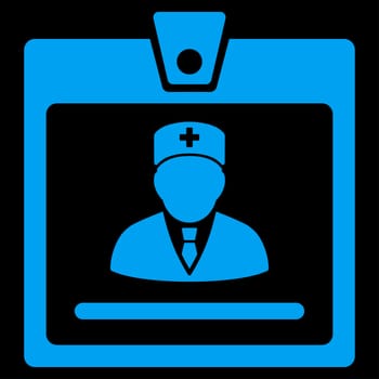 Doctor Badge raster icon. Style is flat symbol, blue color, rounded angles, black background.