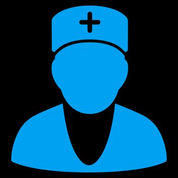 Doctor raster icon. Style is flat symbol, blue color, rounded angles, black background.