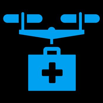Drug Drone Delivery raster icon. Style is flat symbol, blue color, rounded angles, black background.