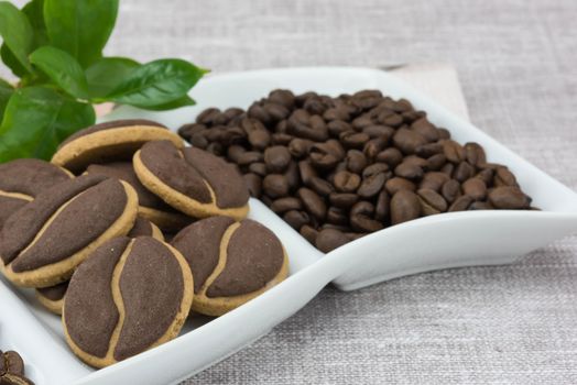 Delicious coffee cookies with coffee beans on a corrugated tray