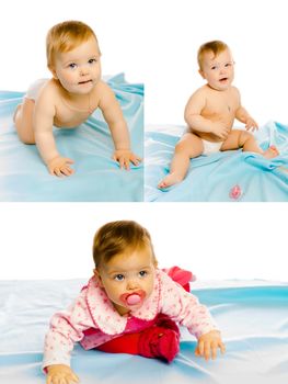 A set of three photos. Pretty baby girl on a blue blanket. Studio