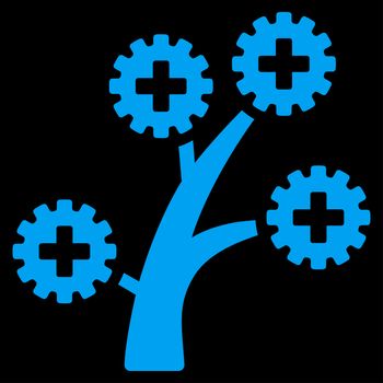 Medical Technology Tree raster icon. Style is flat symbol, blue color, rounded angles, black background.