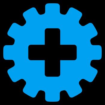 Plus Gear raster icon. Style is flat symbol, blue color, rounded angles, black background.