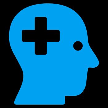 Plus Head raster icon. Style is flat symbol, blue color, rounded angles, black background.