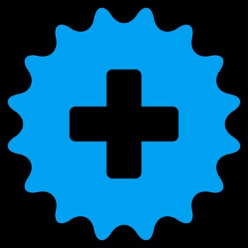 Plus Stamp raster icon. Style is flat symbol, blue color, rounded angles, black background.