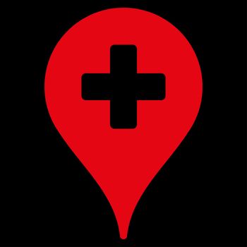 Clinic Map Pointer raster icon. Style is flat symbol, red color, rounded angles, black background.