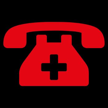 Clinic Phone raster icon. Style is flat symbol, red color, rounded angles, black background.