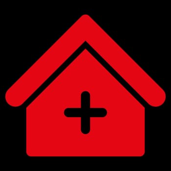 Clinic raster icon. Style is flat symbol, red color, rounded angles, black background.