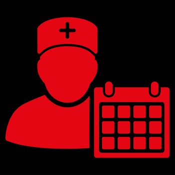 Doctor Calendar raster icon. Style is flat symbol, red color, rounded angles, black background.