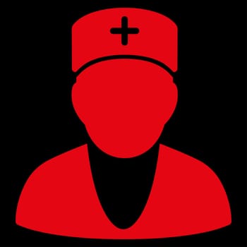 Doctor raster icon. Style is flat symbol, red color, rounded angles, black background.