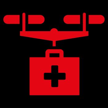 Drug Drone Delivery raster icon. Style is flat symbol, red color, rounded angles, black background.