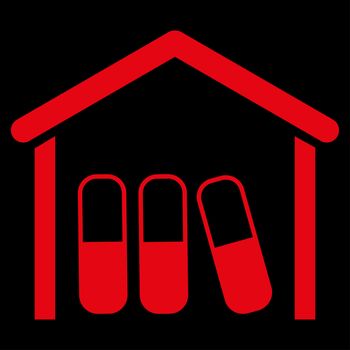 Drugs Garage raster icon. Style is flat symbol, red color, rounded angles, black background.