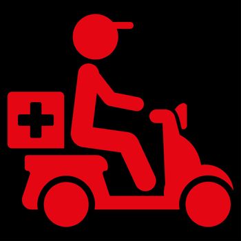 Drugs Motorbike Delivery raster icon. Style is flat symbol, red color, rounded angles, black background.