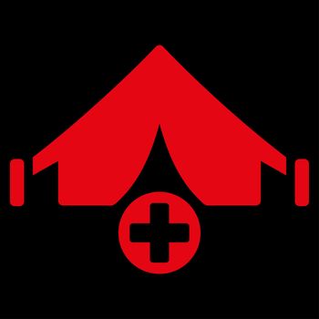 Field Hospital raster icon. Style is flat symbol, red color, rounded angles, black background.