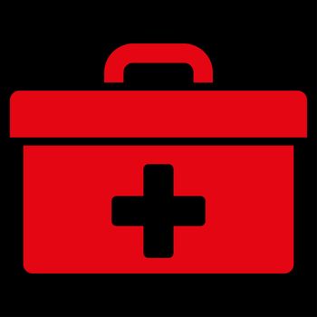 First Aid Toolbox raster icon. Style is flat symbol, red color, rounded angles, black background.
