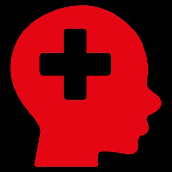Head Medicine raster icon. Style is flat symbol, red color, rounded angles, black background.