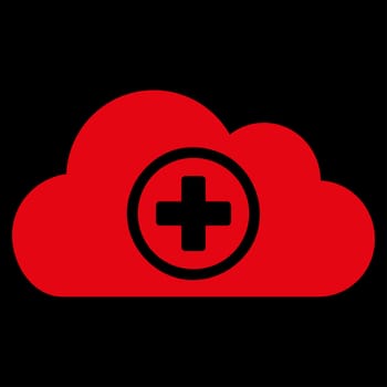Health Care Cloud raster icon. Style is flat symbol, red color, rounded angles, black background.