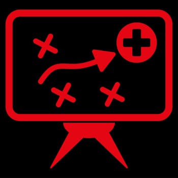 Health Strategy raster icon. Style is flat symbol, red color, rounded angles, black background.