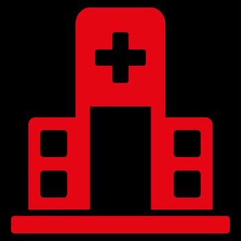Hospital Building raster icon. Style is flat symbol, red color, rounded angles, black background.