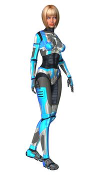 3D digital render of a female cyborg isolated on white background