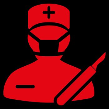 Surgeon raster icon. Style is flat symbol, red color, rounded angles, black background.