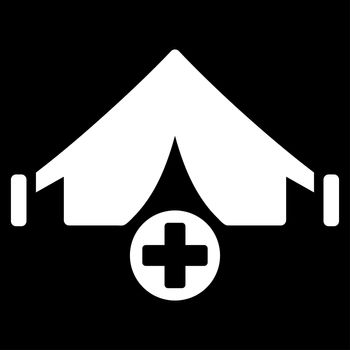 Field Hospital raster icon. Style is flat symbol, white color, rounded angles, black background.