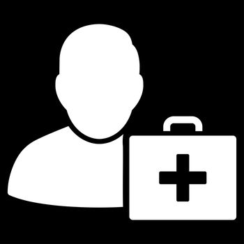 First Aid Man raster icon. Style is flat symbol, white color, rounded angles, black background.