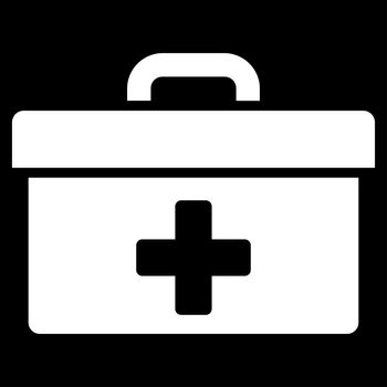 First Aid Toolbox raster icon. Style is flat symbol, white color, rounded angles, black background.