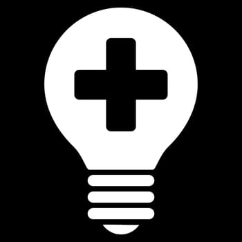 Healh Care Bulb raster icon. Style is flat symbol, white color, rounded angles, black background.