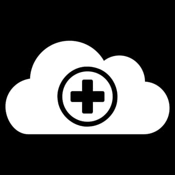 Health Care Cloud raster icon. Style is flat symbol, white color, rounded angles, black background.