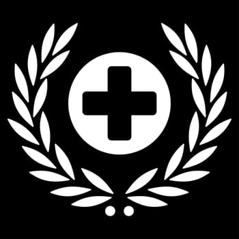 Health Care Embleme raster icon. Style is flat symbol, white color, rounded angles, black background.