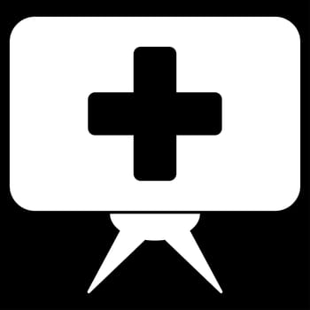Health Care Presentation raster icon. Style is flat symbol, white color, rounded angles, black background.