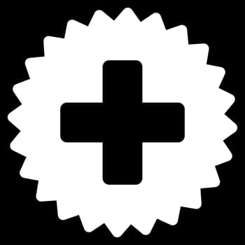 Health Care Stamp raster icon. Style is flat symbol, white color, rounded angles, black background.