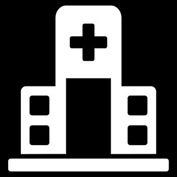Hospital Building raster icon. Style is flat symbol, white color, rounded angles, black background.