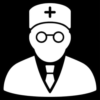 Main Physician raster icon. Style is flat symbol, white color, rounded angles, black background.