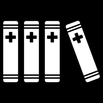 Medical Books raster icon. Style is flat symbol, white color, rounded angles, black background.