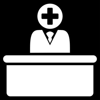 Medical Bureaucrat raster icon. Style is flat symbol, white color, rounded angles, black background.