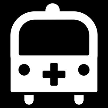 Medical Bus raster icon. Style is flat symbol, white color, rounded angles, black background.