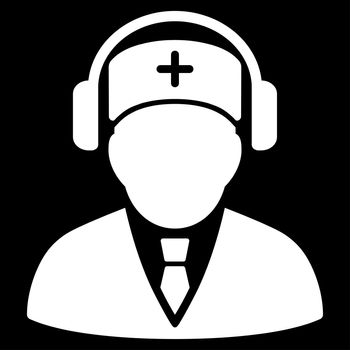 Medical Call Center raster icon. Style is flat symbol, white color, rounded angles, black background.